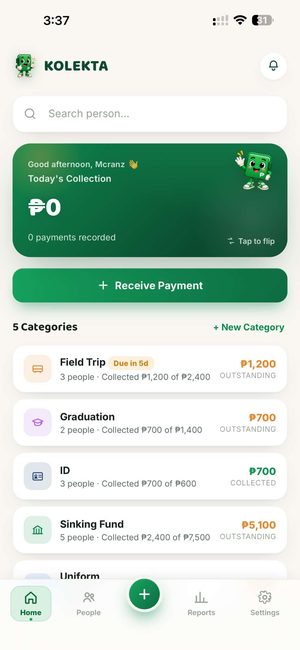 Kolekta app home screen showing today's collections and category totals